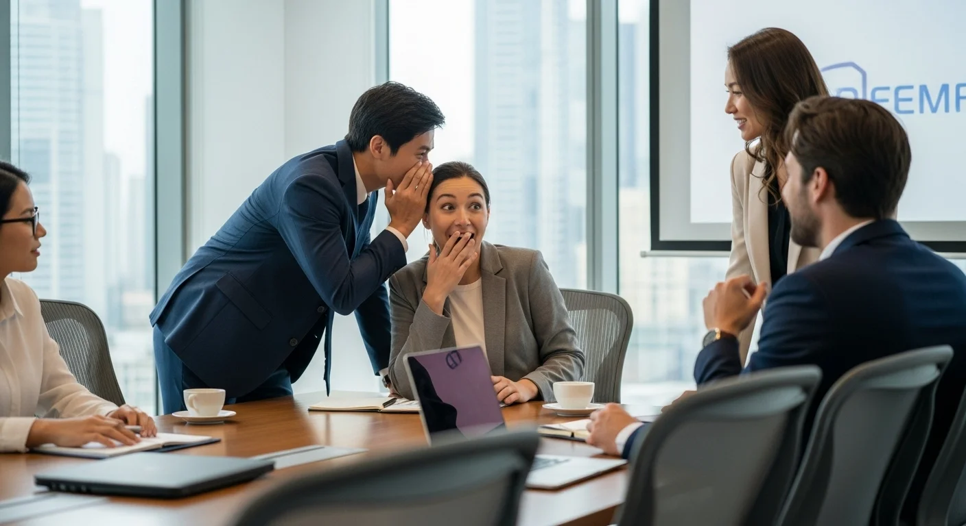 Business professionals whispering riddles during office meeting break