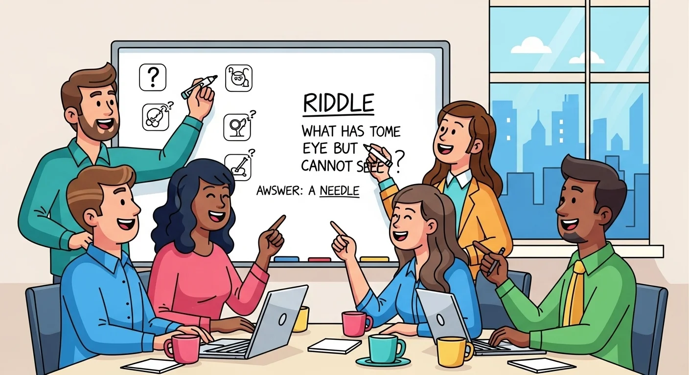 125+ Tuesday Riddles with Answers to Brighten Your Week 1 Business team solving riddle about needle with eye in office meeting