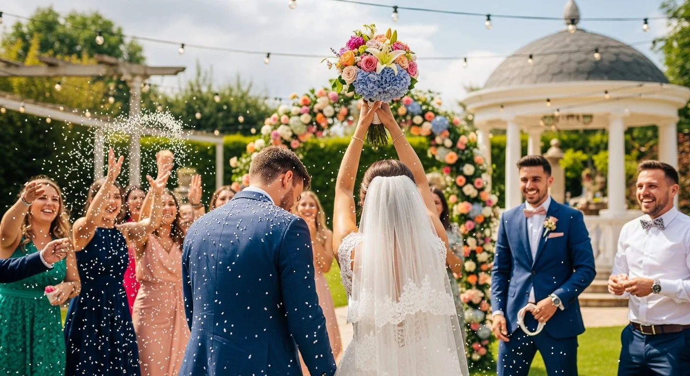 Outdoor wedding celebration with confetti after riddle games