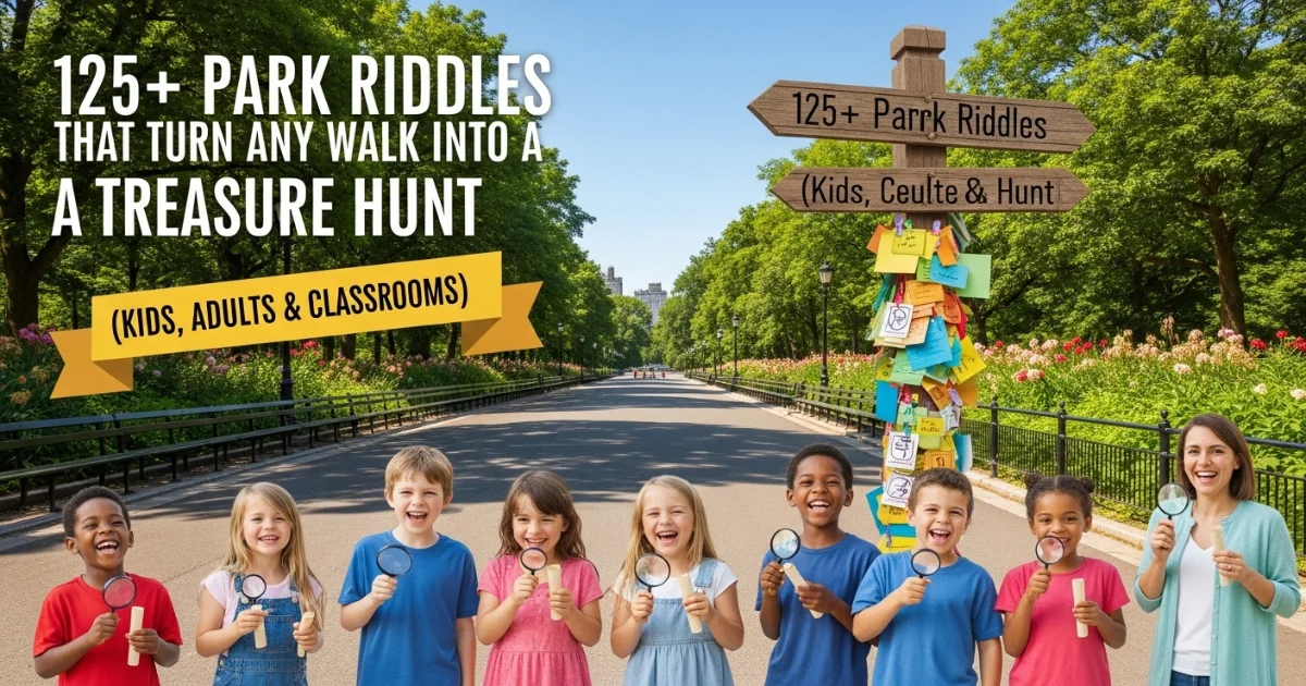 Children with magnifying glasses enjoying park treasure hunt riddles