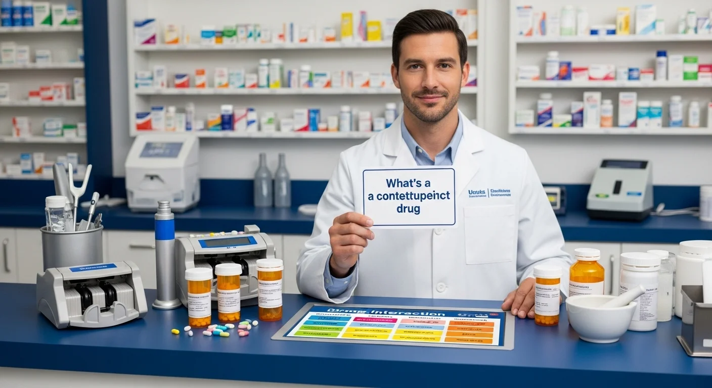 Professional pharmacist holding content marketing card in modern pharmacy
