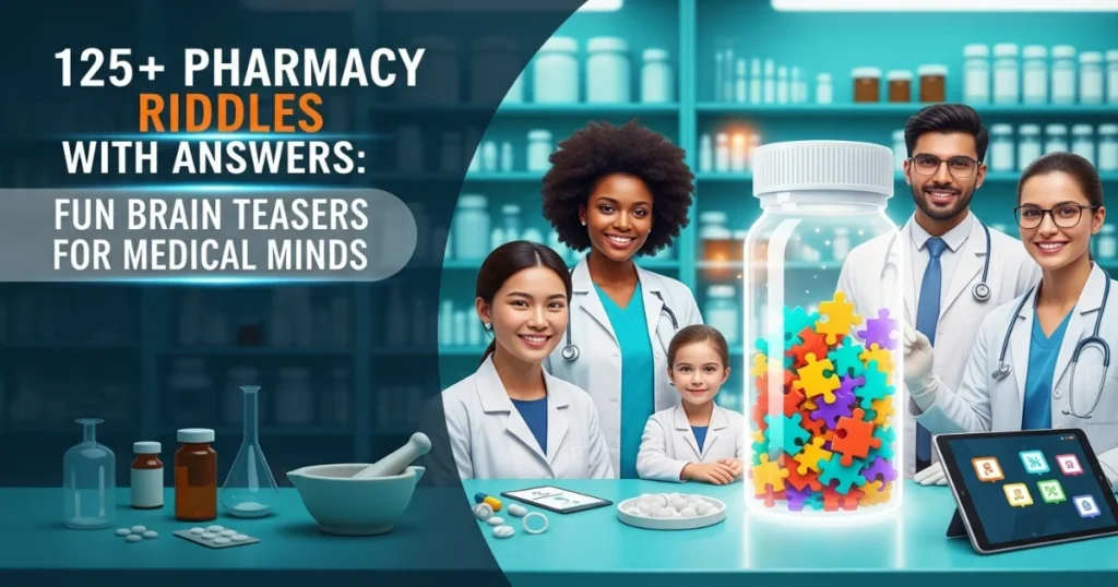 Diverse pharmacy professionals displaying 125+ medical riddles collection