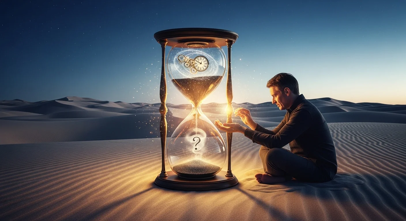 Mystical hourglass desert scene representing deep sand riddles