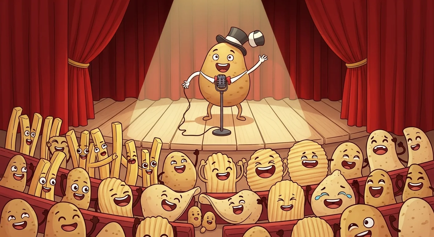 125+ Potato Riddles with Answers: Funny, Tricky & Totally Spud-tacular 1 Potato comedian performing on stage with laughing french fry audience