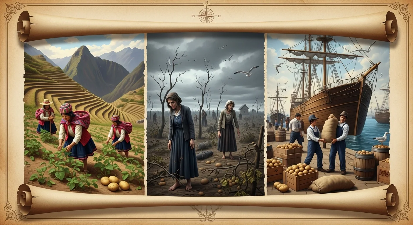 125+ Potato Riddles with Answers: Funny, Tricky & Totally Spud-tacular 6 Historical timeline showing potato cultivation from Andes to ships to farming