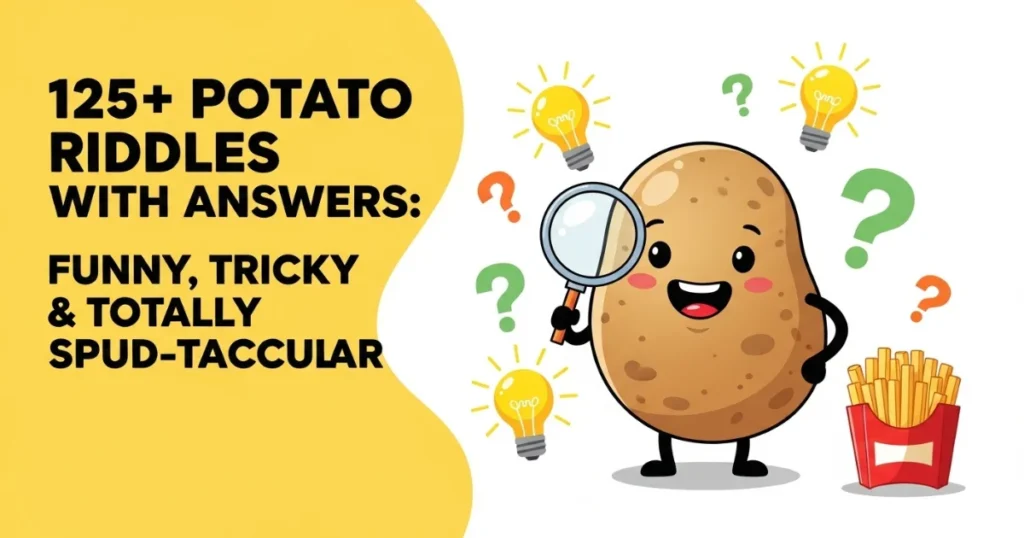 Cartoon potato with magnifying glass surrounded by riddle lightbulbs