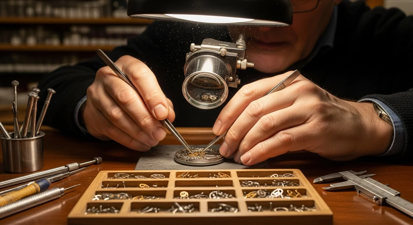 Expert watchmaker using precision tools to repair intricate watch mechanism