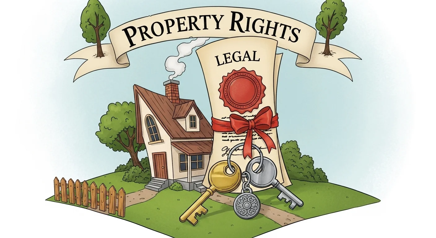 Property rights illustration with house, legal documents, and keys