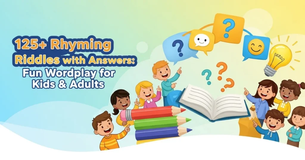 Colorful banner featuring 125+ rhyming riddles for kids and adults