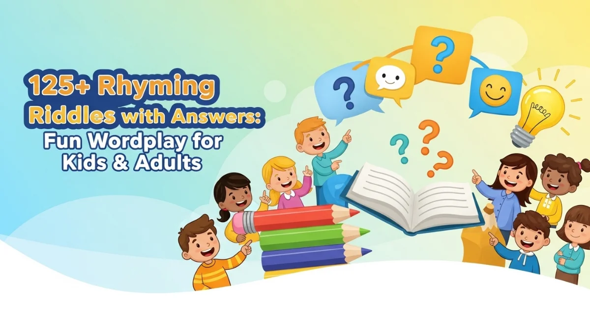 Colorful banner featuring 125+ rhyming riddles for kids and adults