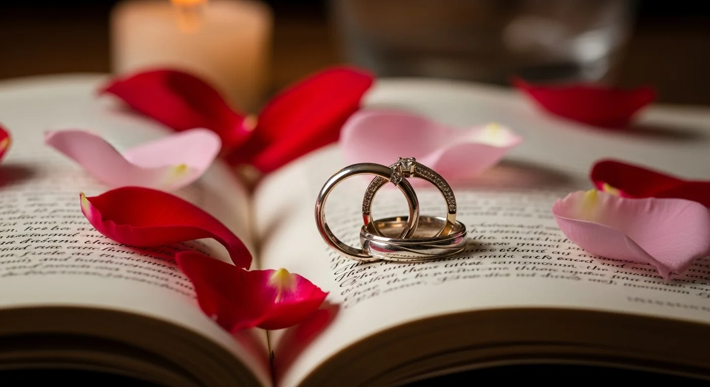 Gold wedding rings on open book surrounded by rose petals