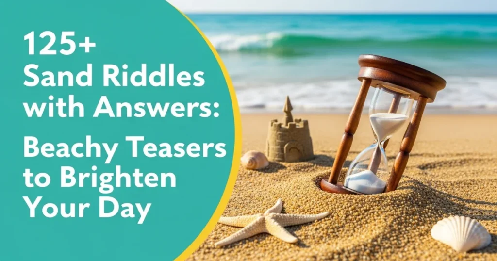 Sand riddles collection with hourglass and sandcastle on beach