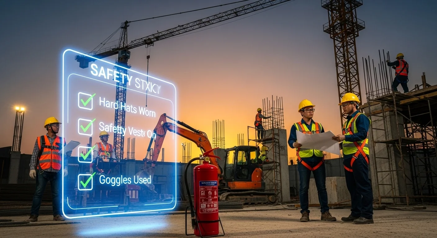 Modern construction site with digital safety checklist and workers