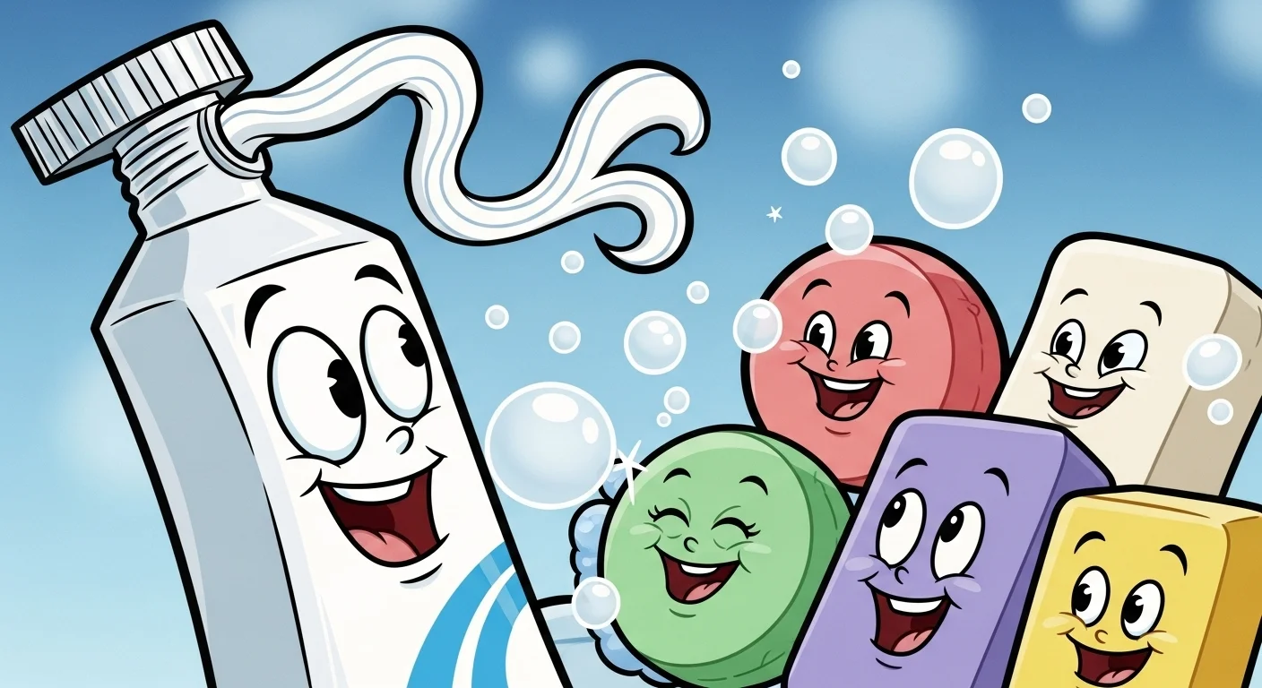 Cheerful cartoon toothpaste tube and colorful soap bars with faces