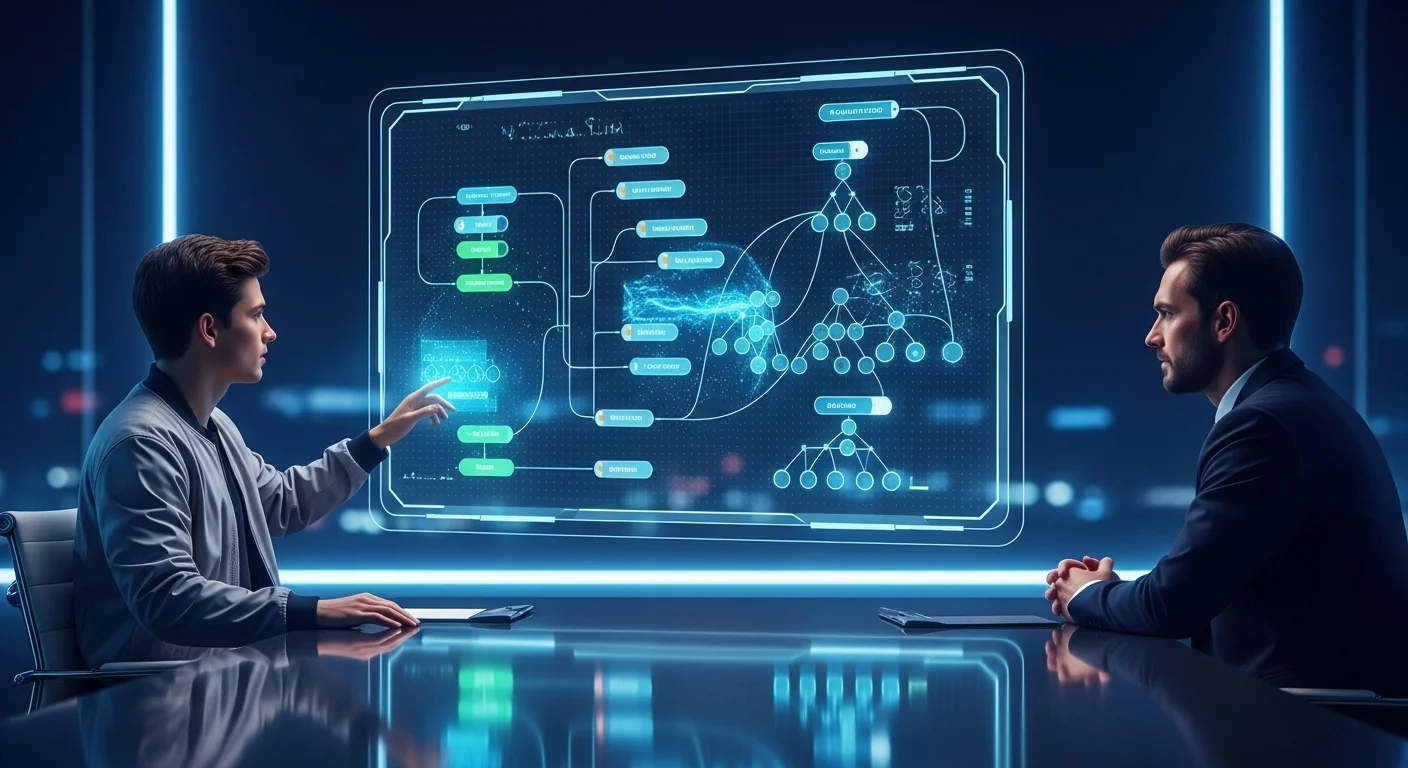 Software architects planning system design on holographic interface