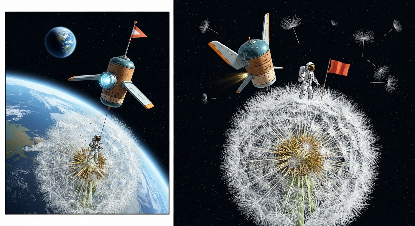 Astronaut and satellite on giant dandelion seed head in space