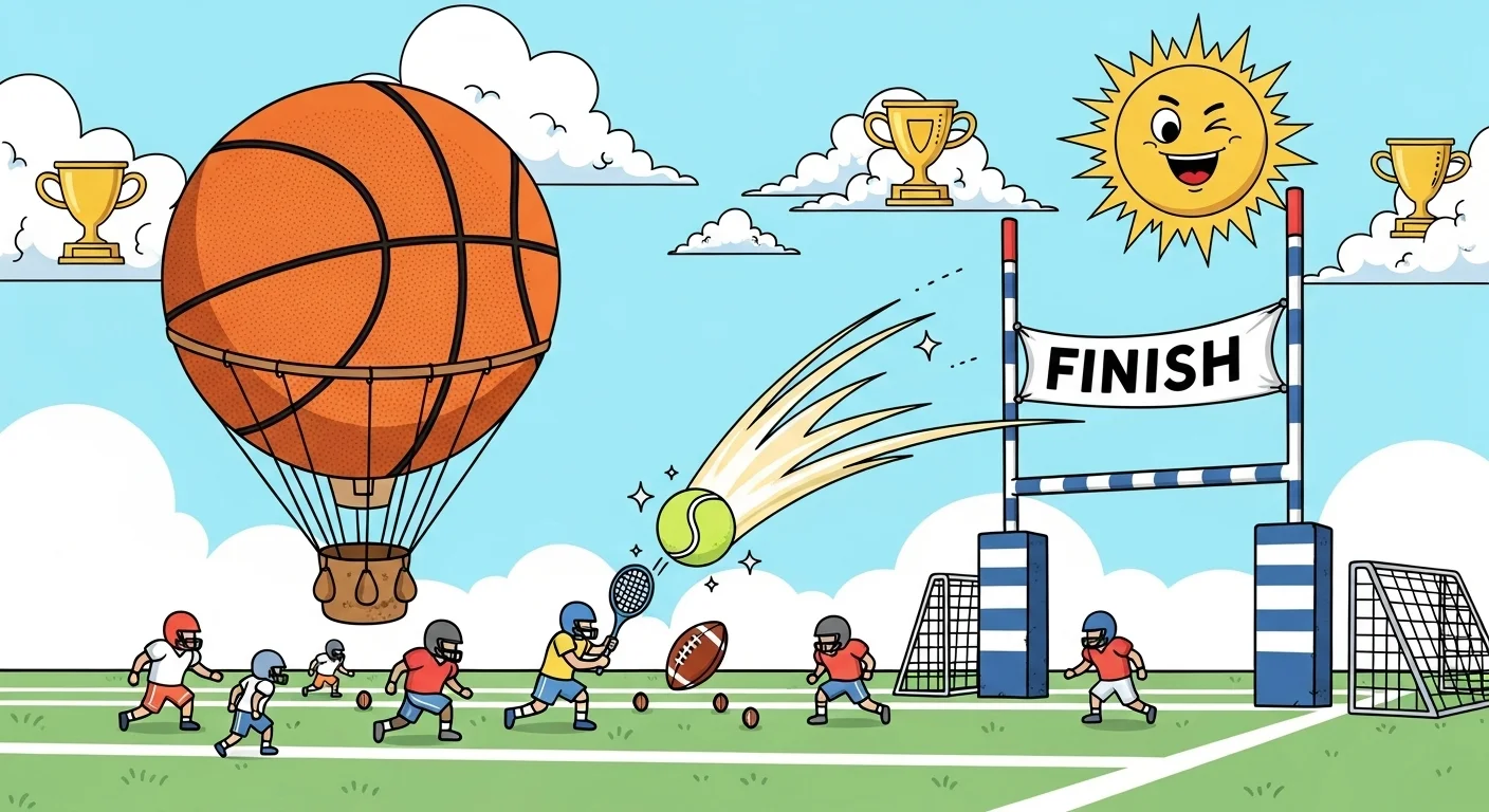 125+ Tuesday Riddles with Answers to Brighten Your Week 6 Sports equipment crossing finish line with trophy clouds and success