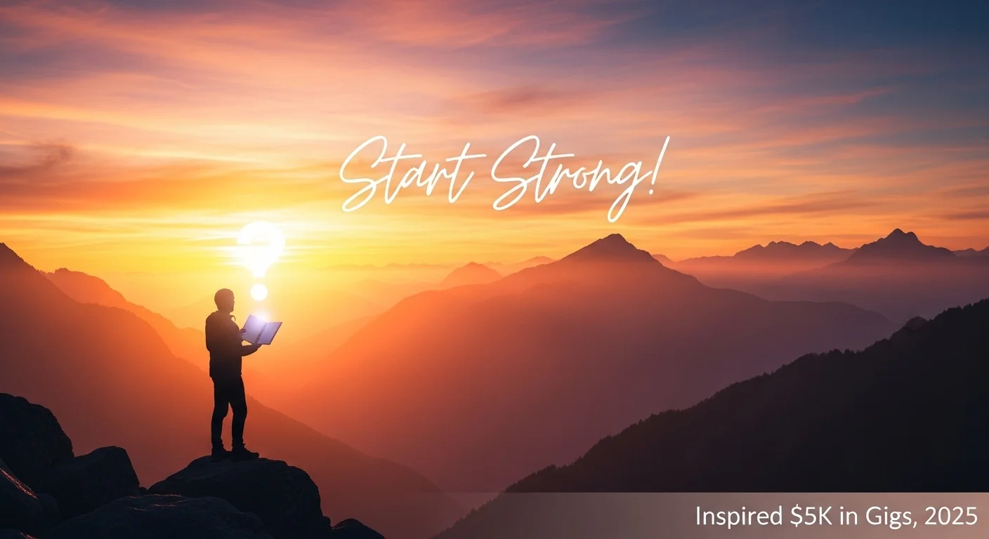 Silhouette reading on mountain peak at sunrise with Start Strong motivation text
