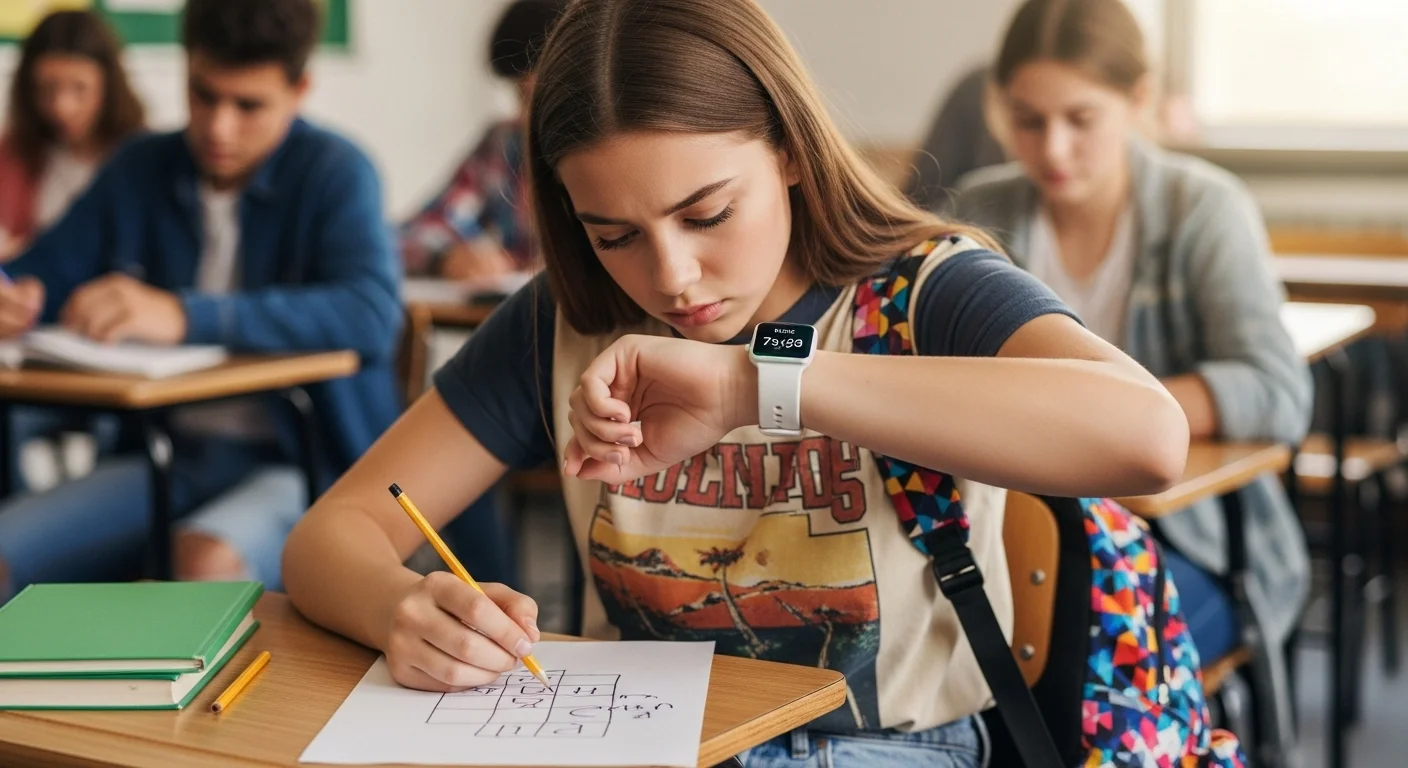 Female student checking wristwatch while writing exam in classroom