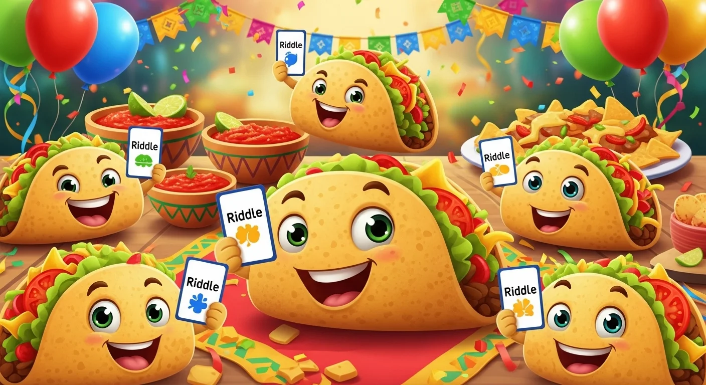 125+ Tuesday Riddles with Answers to Brighten Your Week 4 Happy taco characters holding riddle cards at festive Tuesday party