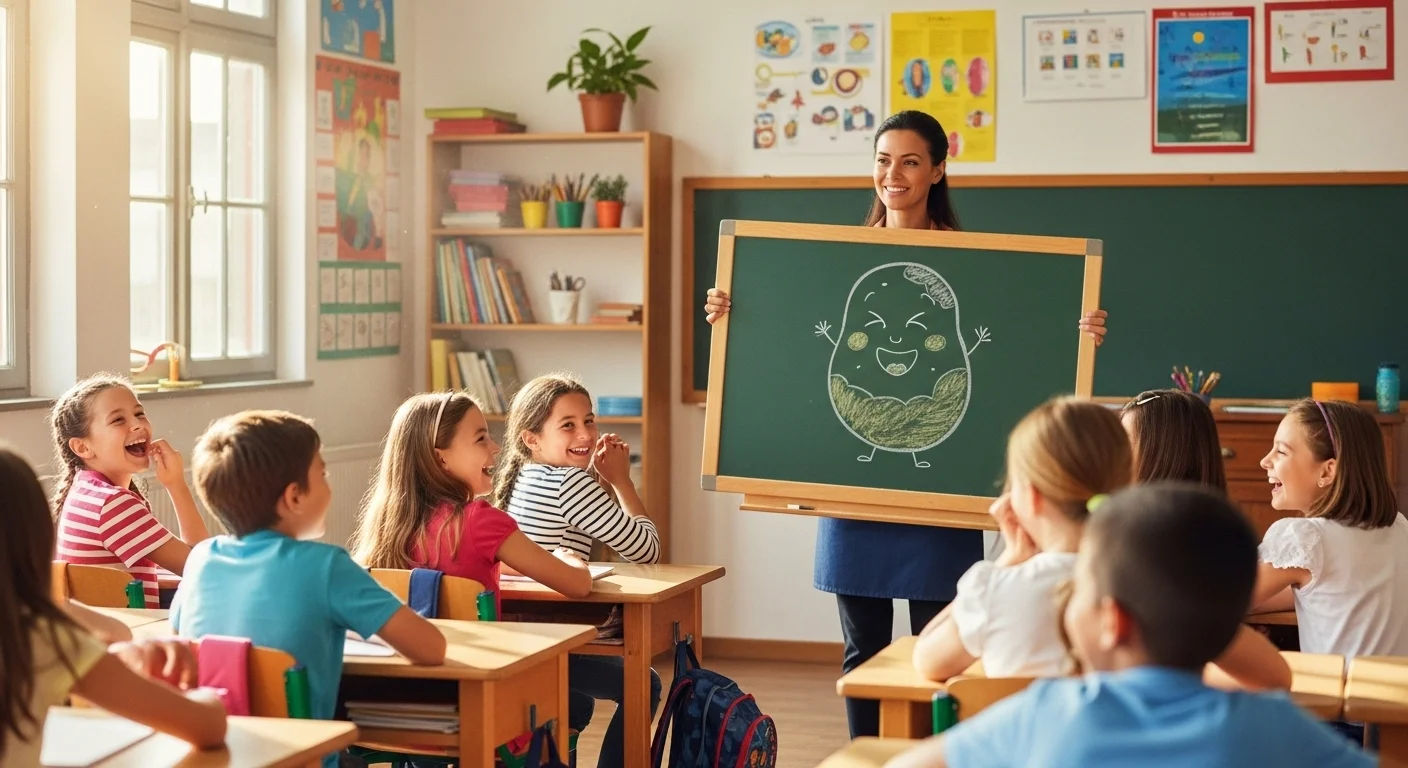 125+ Potato Riddles with Answers: Funny, Tricky & Totally Spud-tacular 2 Teacher showing potato drawing on blackboard to laughing students