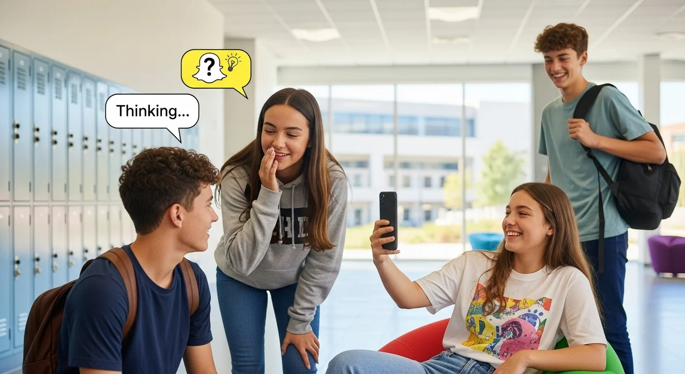 Teen students thinking and sharing riddles via smartphone in school