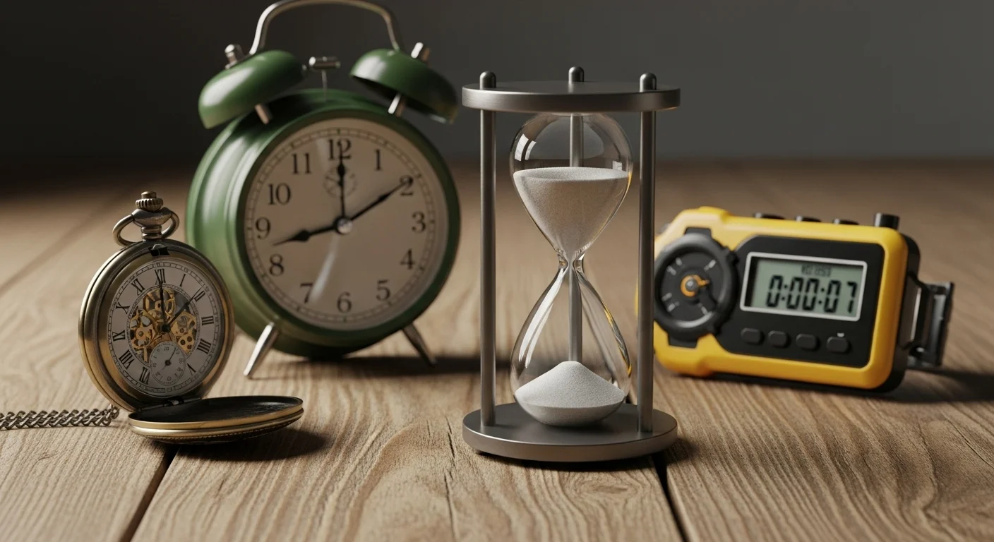Time management tools including vintage alarm clock, hourglass, and digital timer in watch riddles