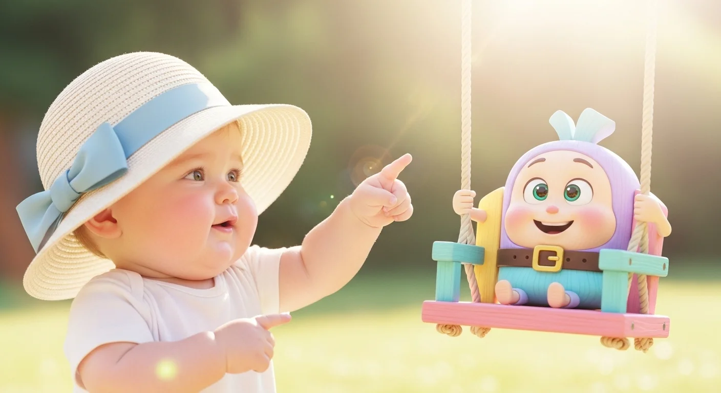 Toddler in sun hat pointing at colorful outdoor park riddles toy swing