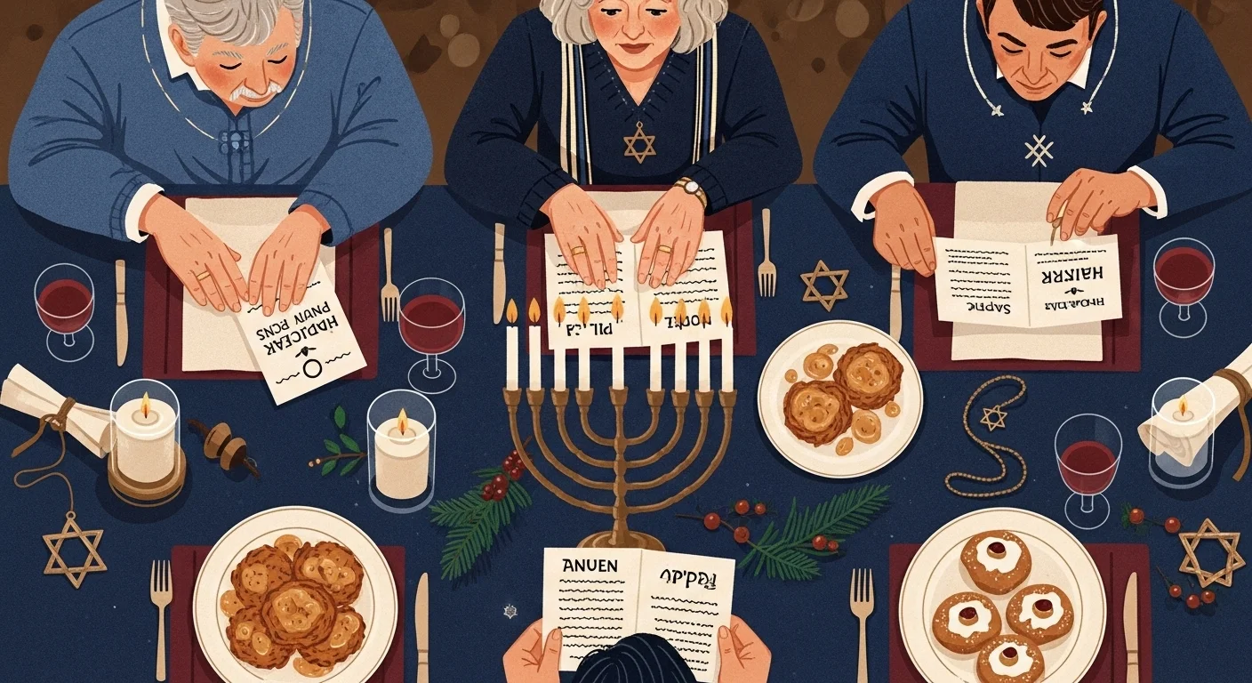 Multi-generation family celebrating Hanukkah dinner with menorah and food