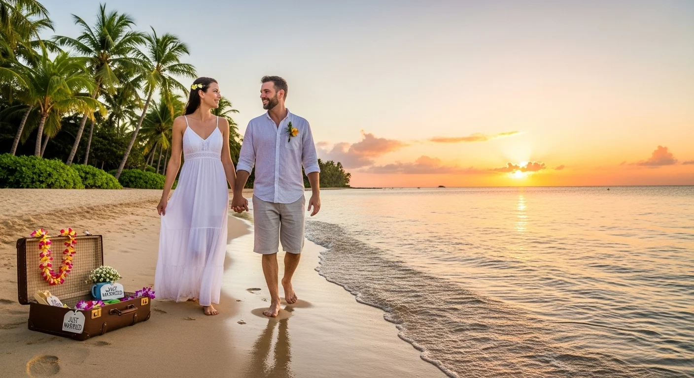 Newlywed couple walking on tropical beach at sunset after wedding ceremony