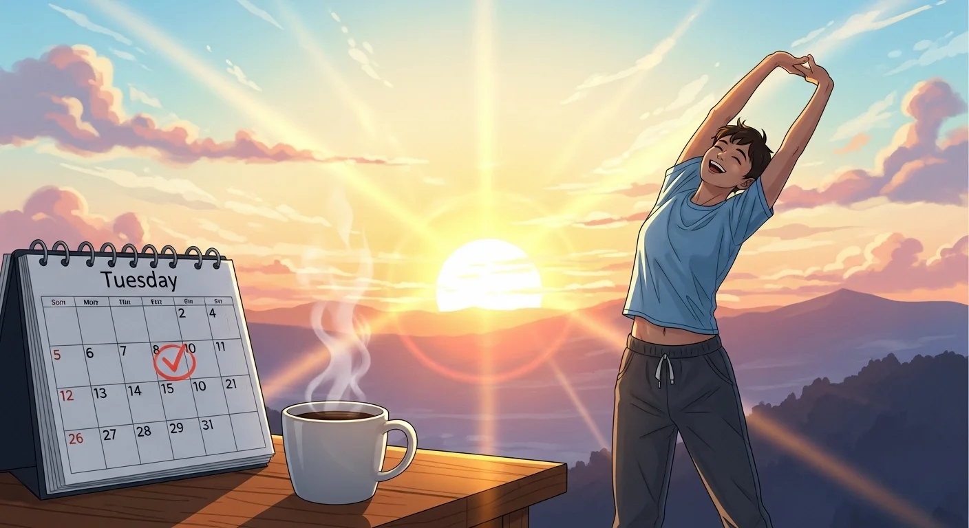 125+ Tuesday Riddles with Answers to Brighten Your Week 5 Person stretching at sunrise with Tuesday calendar and coffee cup