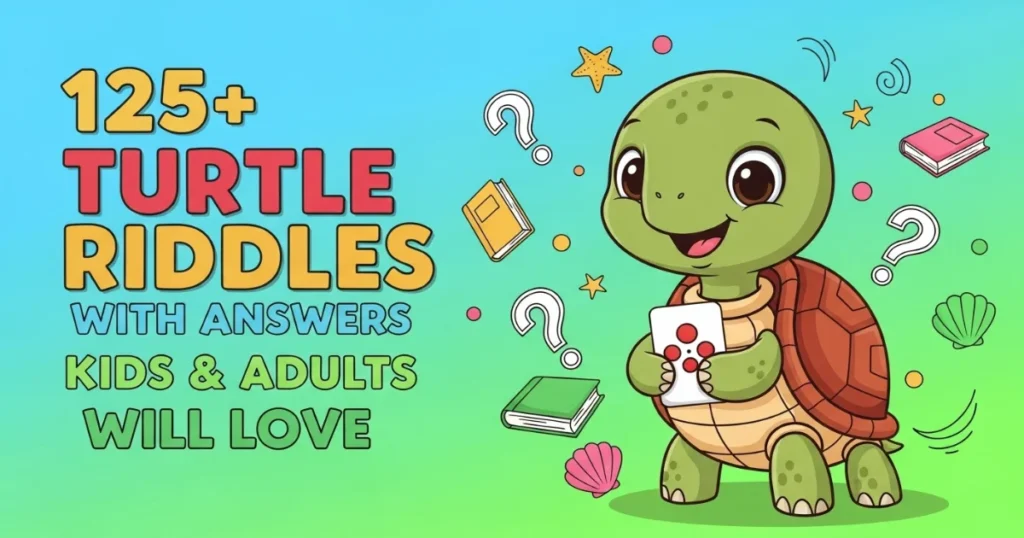 Colorful turtle riddles book cover with cartoon turtle holding controller