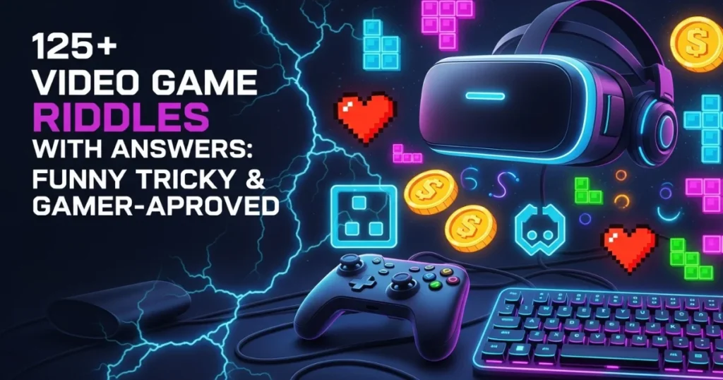 Video game riddles collection with VR headset and gaming controller