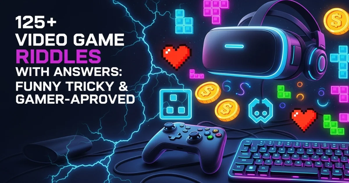 Video game riddles collection with VR headset and gaming controller