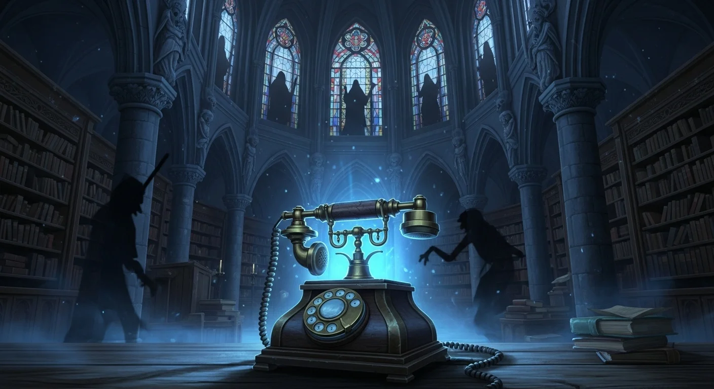 Antique telephone surrounded by mysterious figures in gothic library