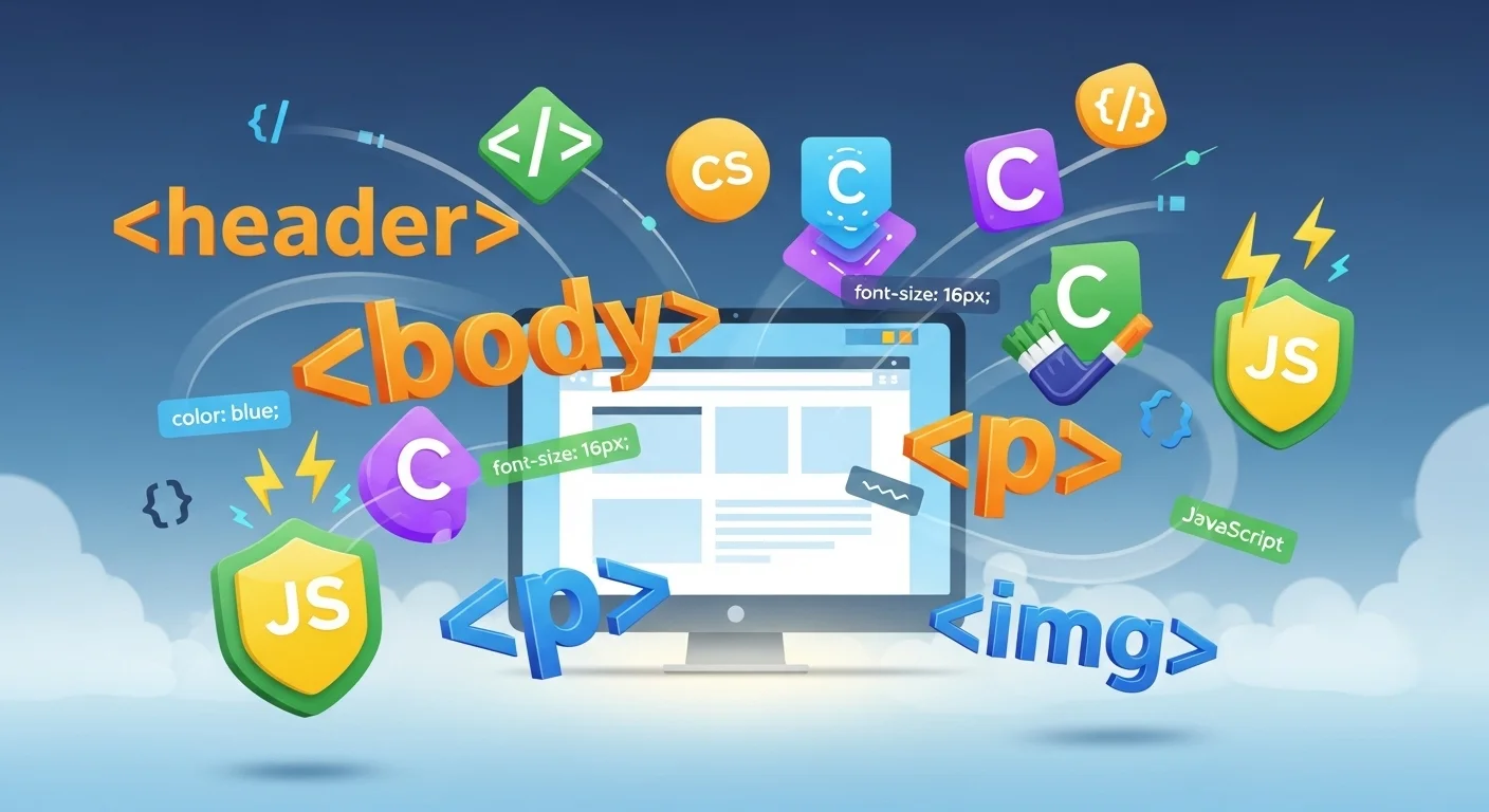 Web development technologies HTML CSS JavaScript floating around laptop