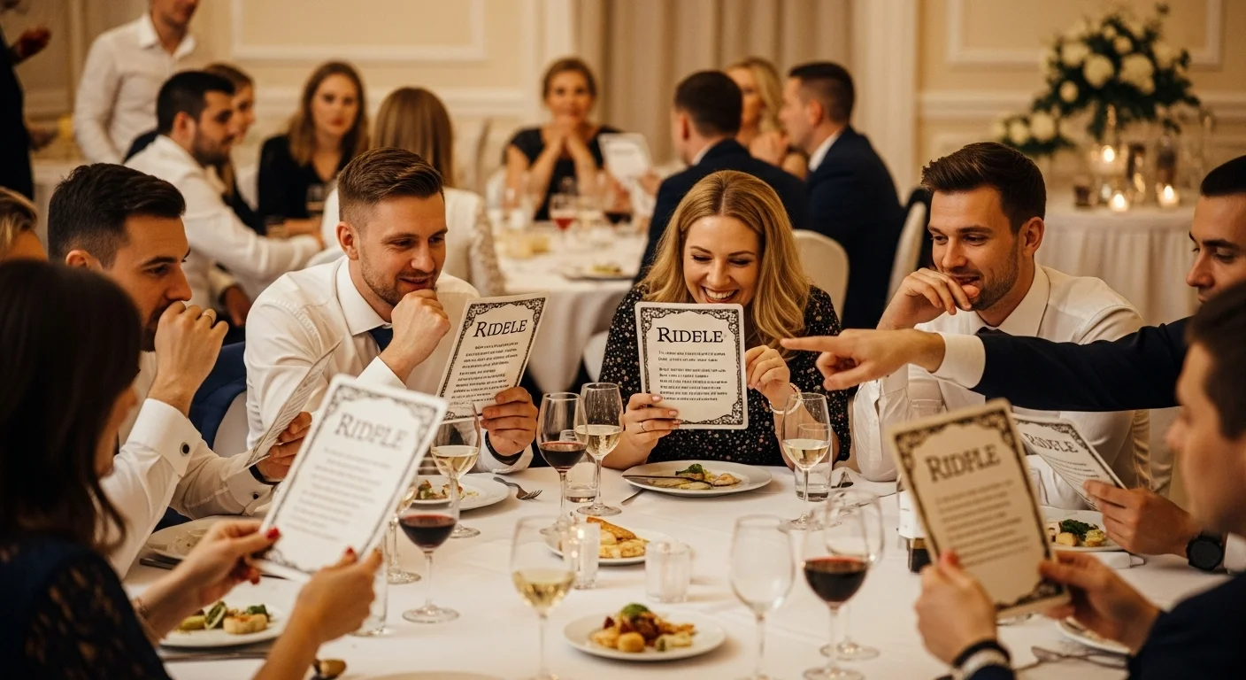 Elegant wedding party solving riddles in formal reception venue