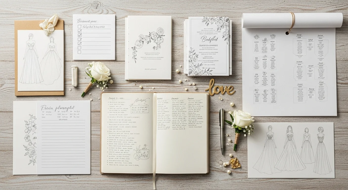 Wedding planning stationery flatlay with invitations and dress sketches