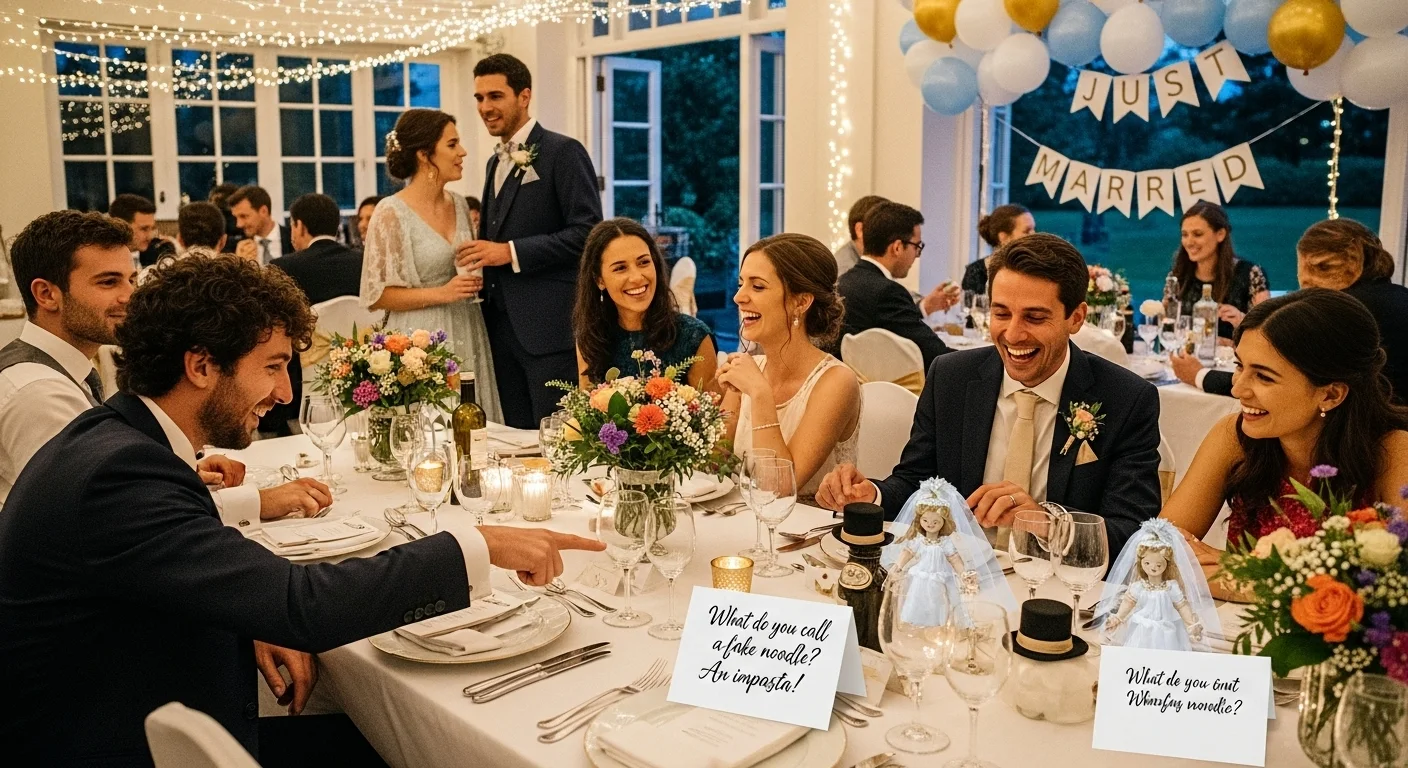 Wedding guests solving riddles at decorated reception table