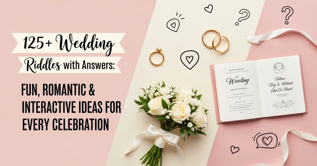 Wedding riddles entertainment banner with rings and bouquet