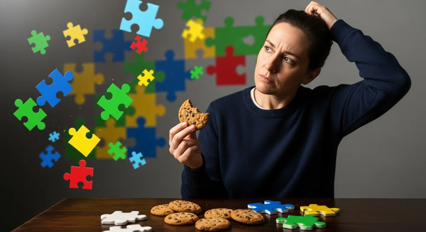 Woman scratching head thinking while holding cookie with puzzle pieces