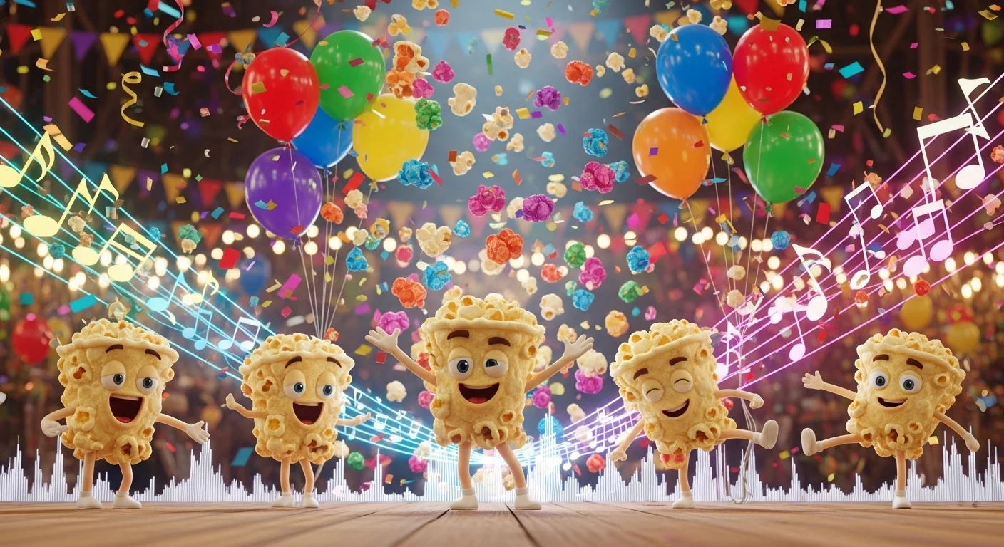 125+ Popcorn Riddles with Answers for Kids, Adults, and Family Fun 6 Animated popcorn kernel characters dancing with balloons confetti and music notes