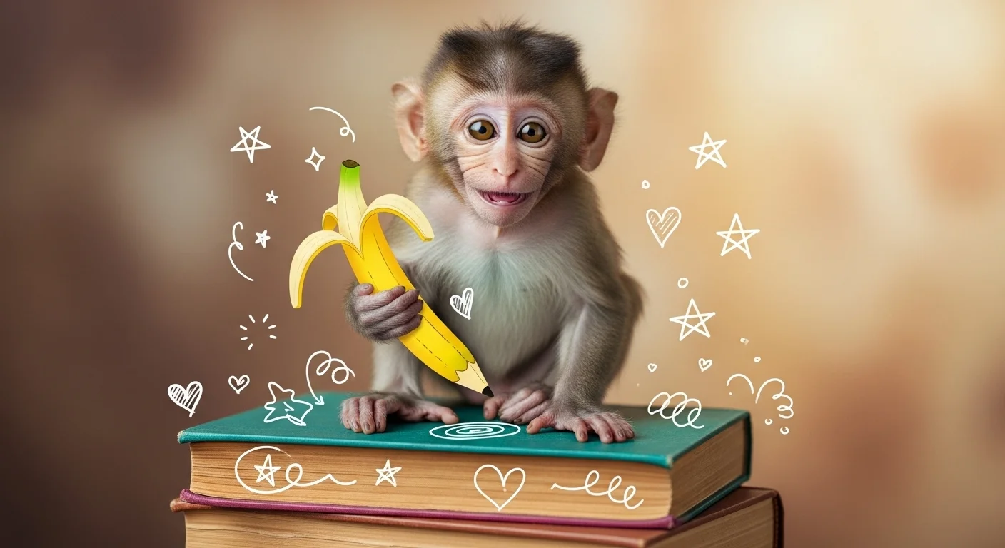 Adorable baby monkey with banana sitting on stacked books
