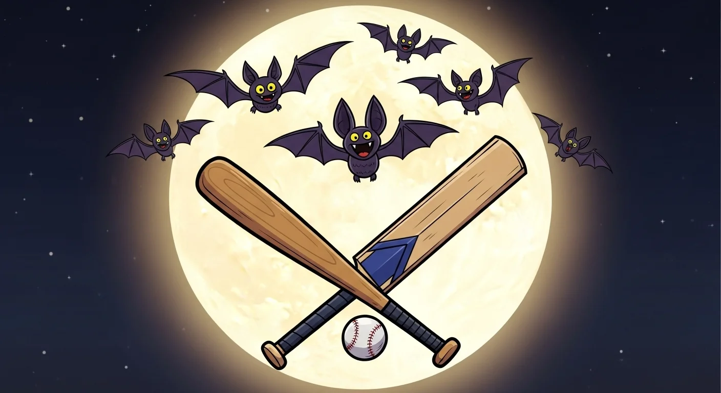 Baseball bats crossed with ball and flying bats against full moon