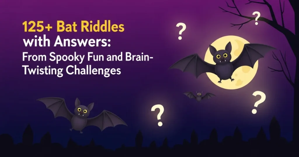 Bat riddles collection with flying bats against purple moon night sky