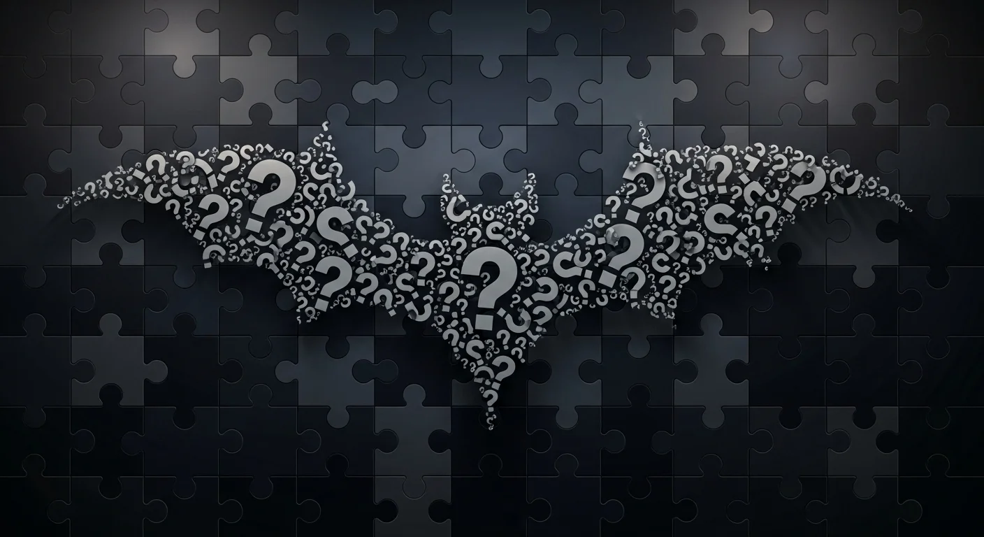 Bat silhouette formed by question marks on dark puzzle background