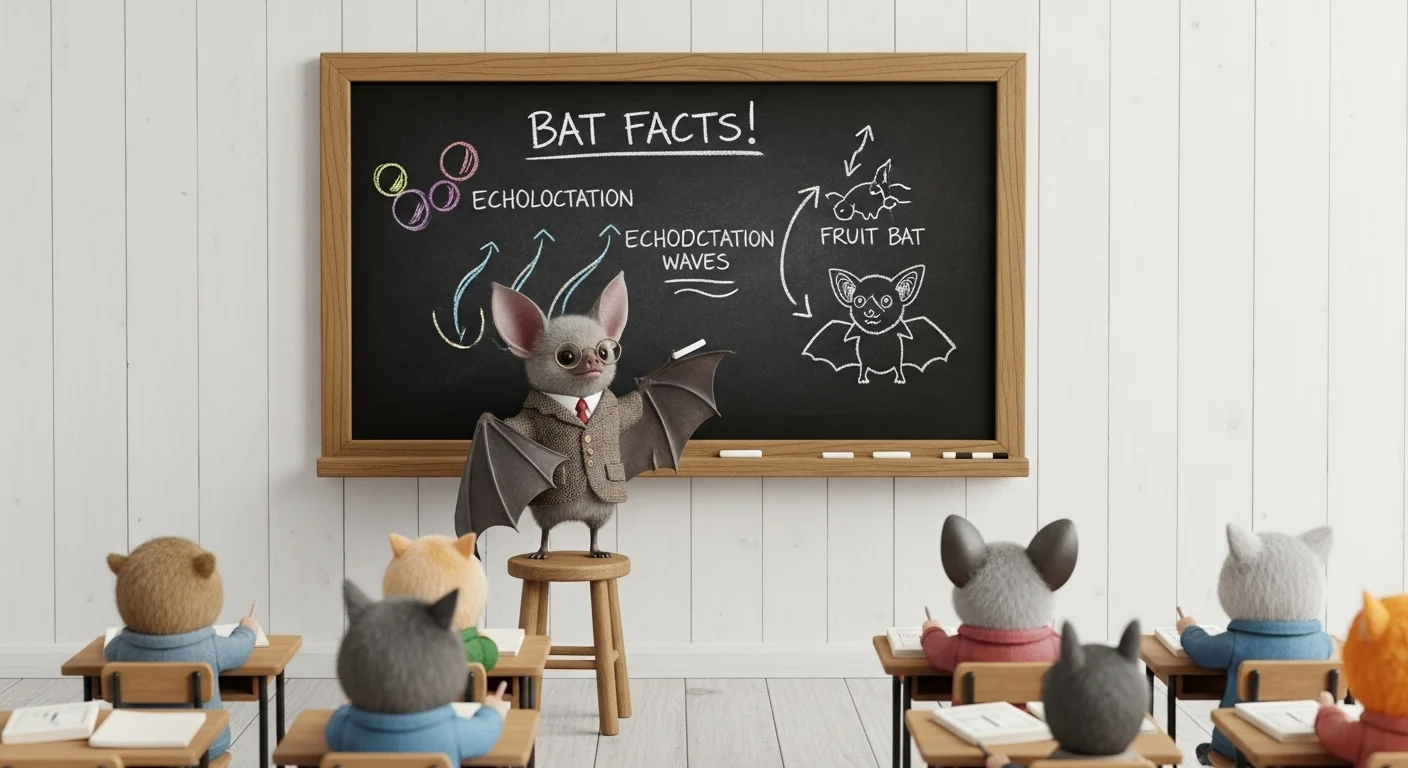 Professional bat teacher at chalkboard teaching echolocation and bat facts
