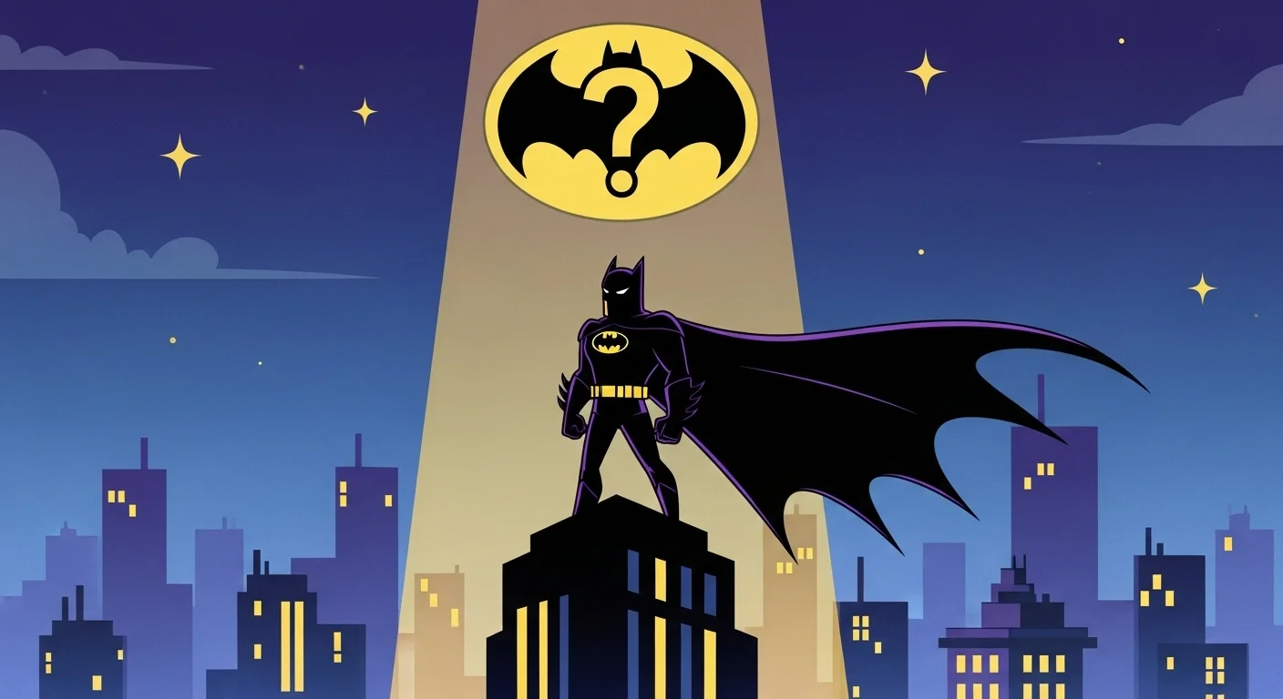 Superhero bat silhouette with question mark against city skyline