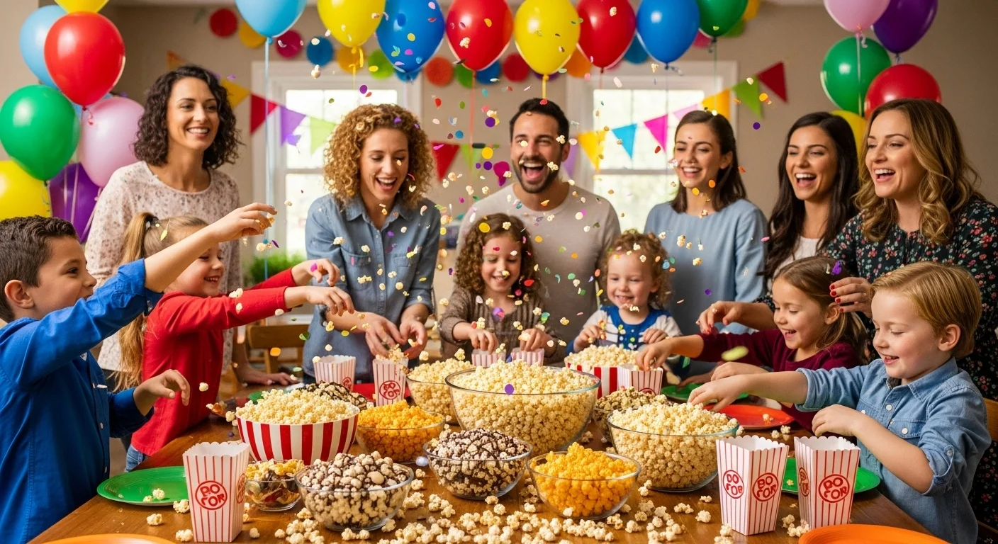 125+ Popcorn Riddles with Answers for Kids, Adults, and Family Fun 4 Children and adults celebrating birthday party with colorful popcorn bowls