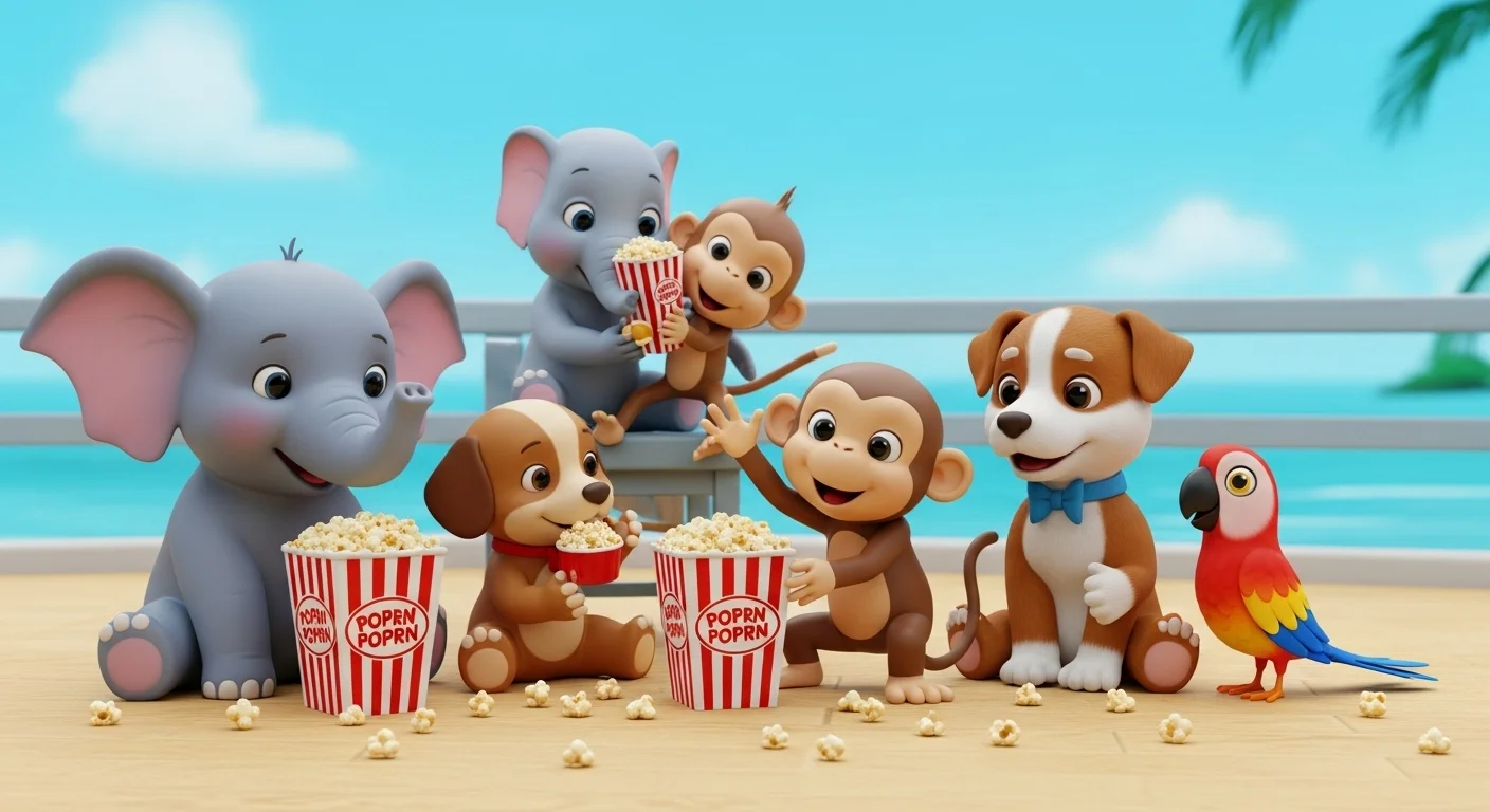 125+ Popcorn Riddles with Answers for Kids, Adults, and Family Fun 10 Cute cartoon animals sharing popcorn at beach party illustration